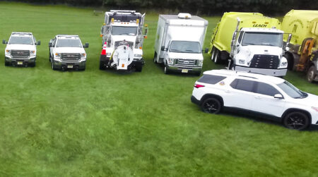 aerial view of various public works vehicles