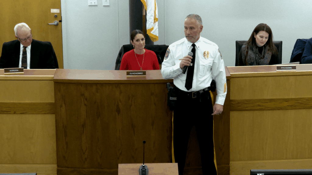 North Brunswick Deputy Police Chief Brian Hoiberg delivers remarks following his swearing in.